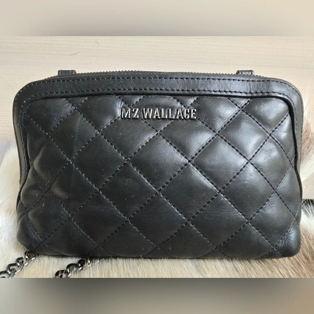 Rare!! MZ Wallace Black Leather Emily Crossbody with Blue Interior - Picture 2 of 12